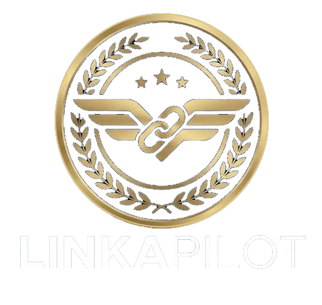 Logotipo de LinkaPilot: alas doradas con eslabones y corona de laurel